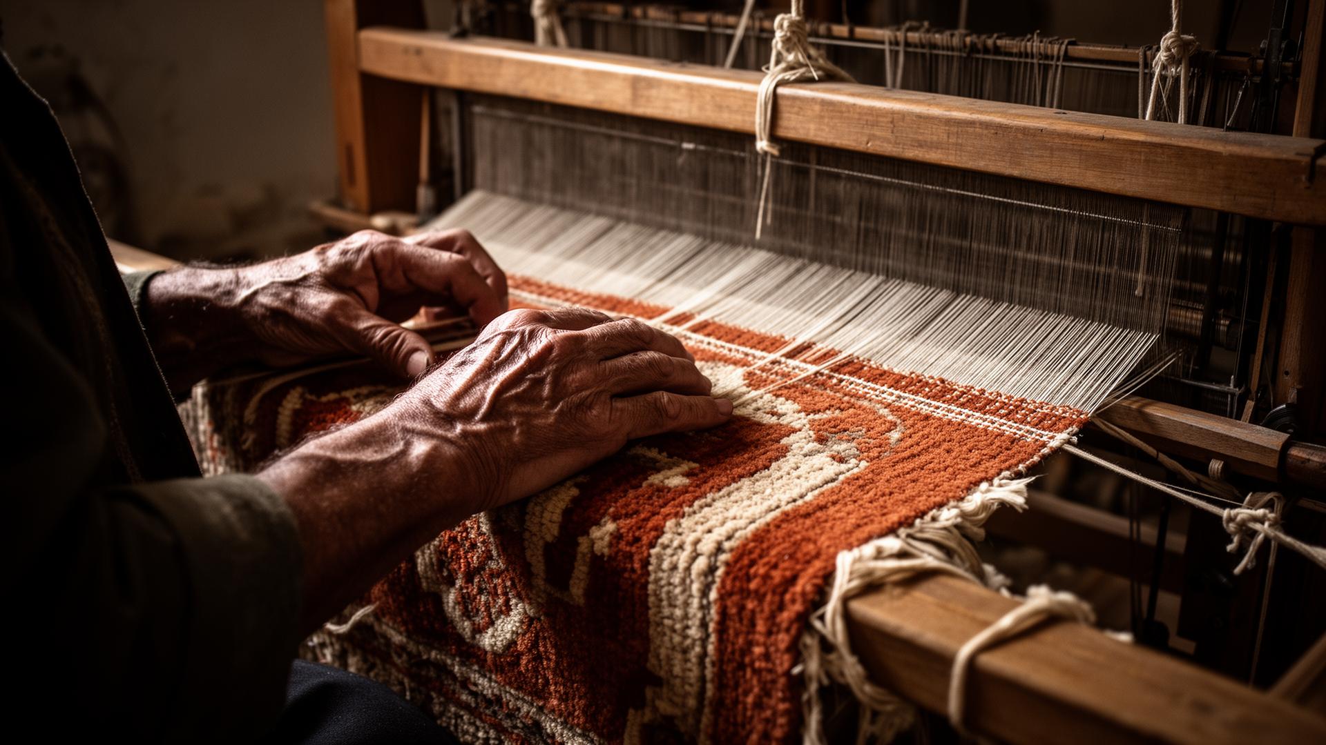 An artisan weaving on a traditional loom