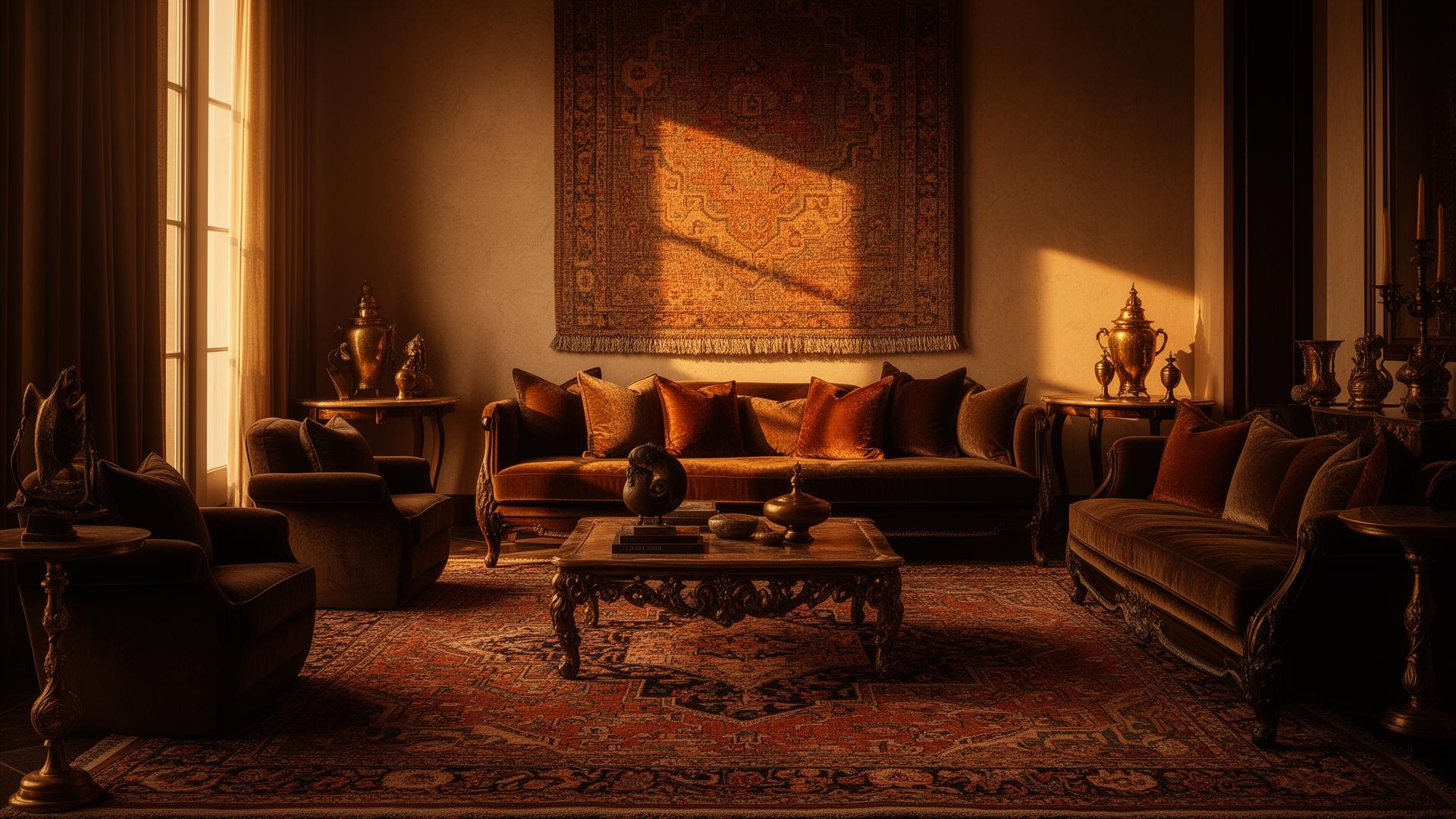 A collected luxury interior with handwoven rug and tapestry
